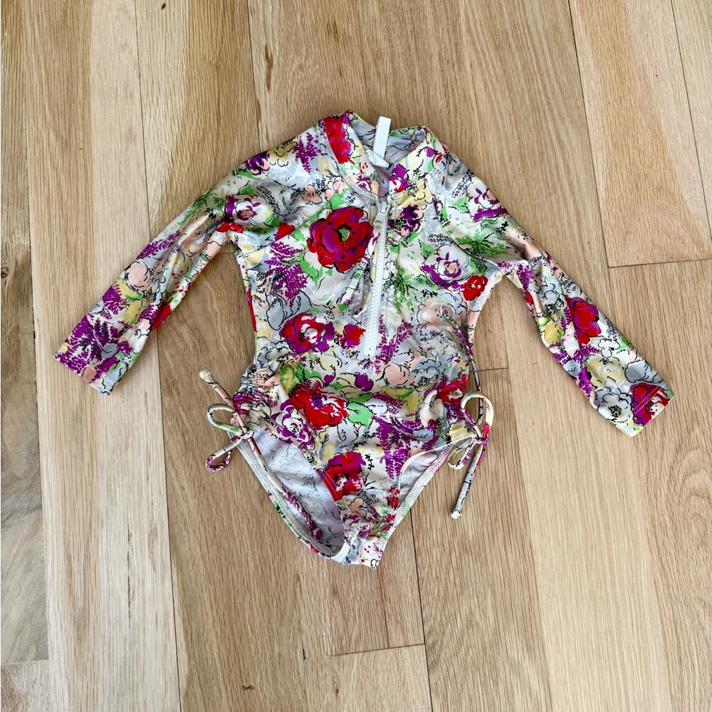 Zimmermann Floral Long-Sleeve Rashguard Swimsuit - Pink, Red & Green